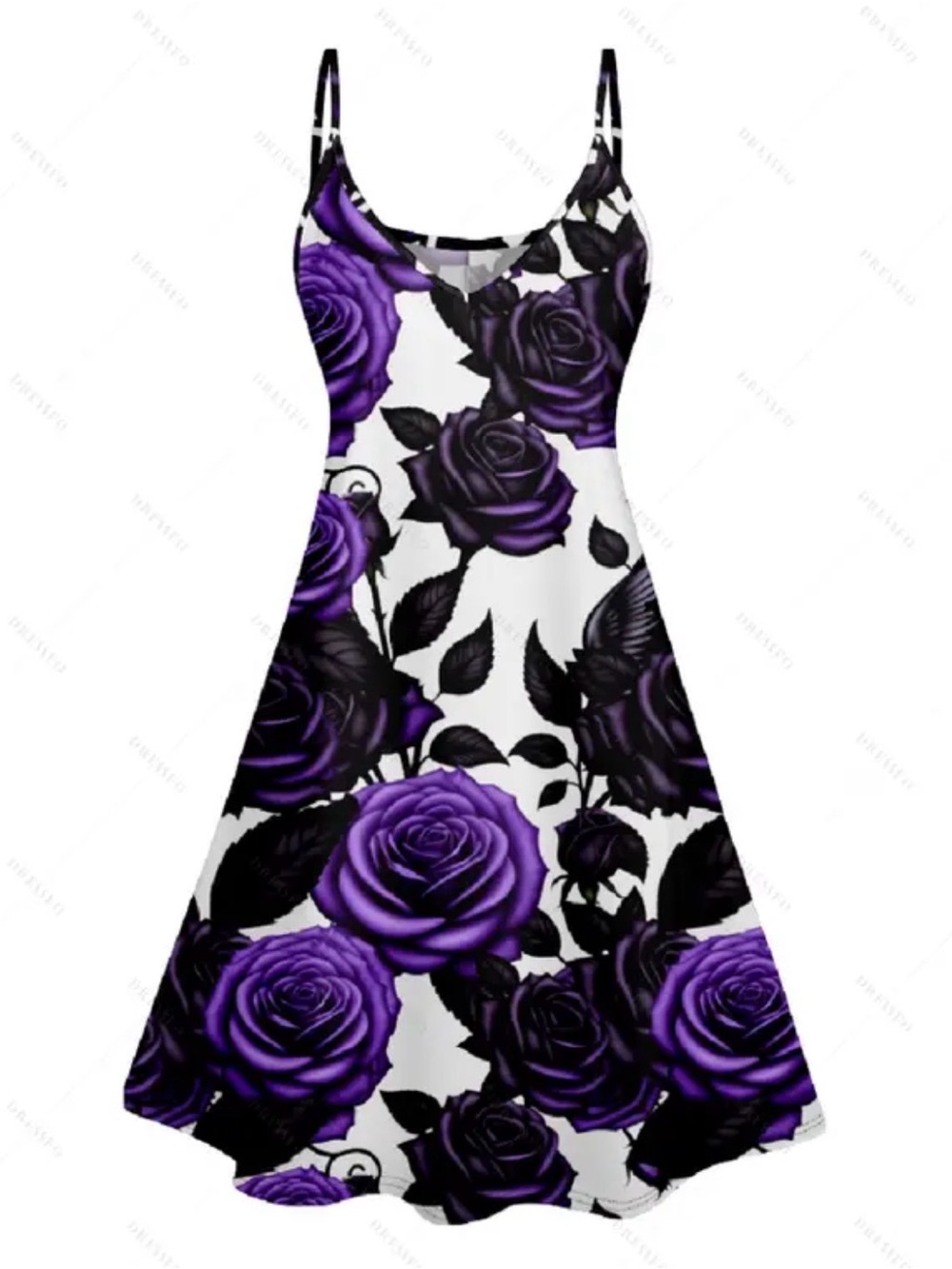 Rose Pattern V Neck High Waist Spaghetti Strap Sleeveless A Line Cami Dress